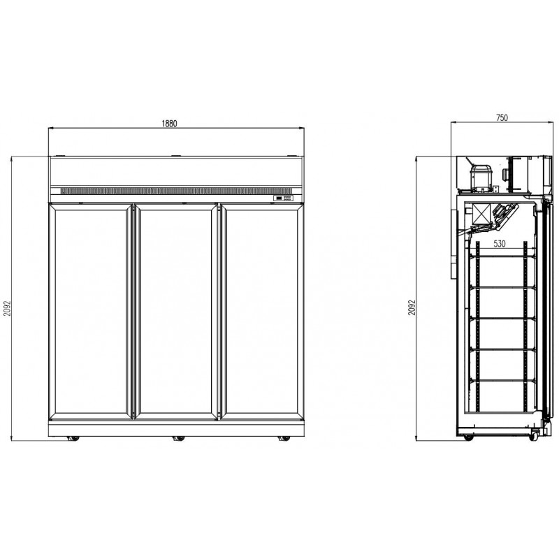 Chambre murale frigo/congélateur noir, 3 portes en verre - Combisteel